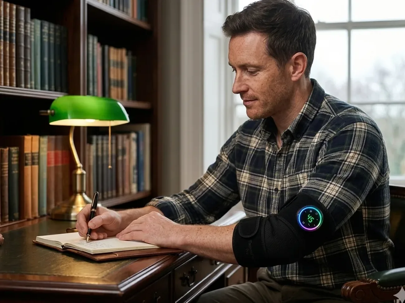 Man at desk using ThermaFlex Pro on elbow while writing