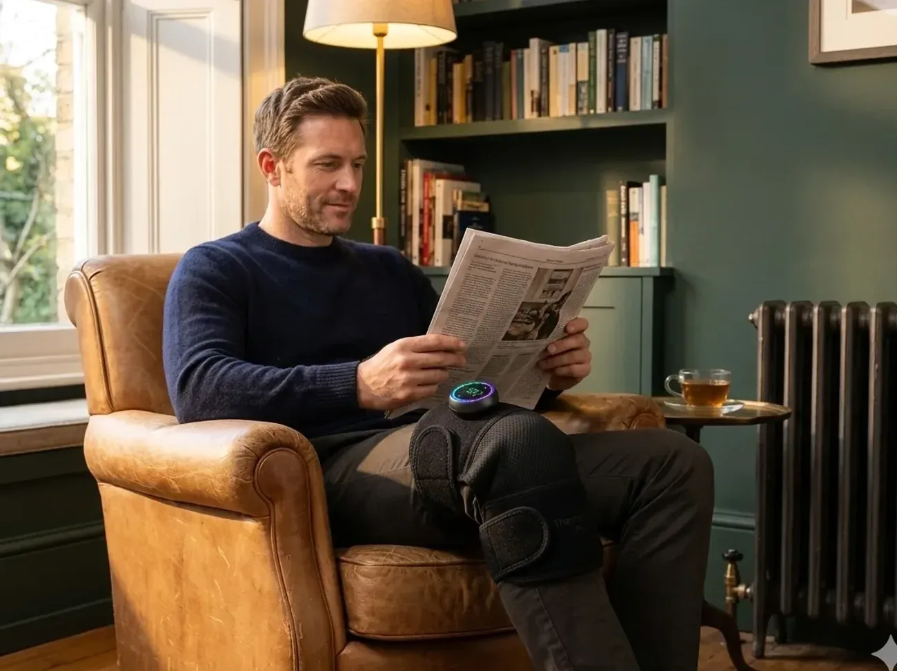 Man relaxing in armchair using ThermaFlex Pro on knee while reading
