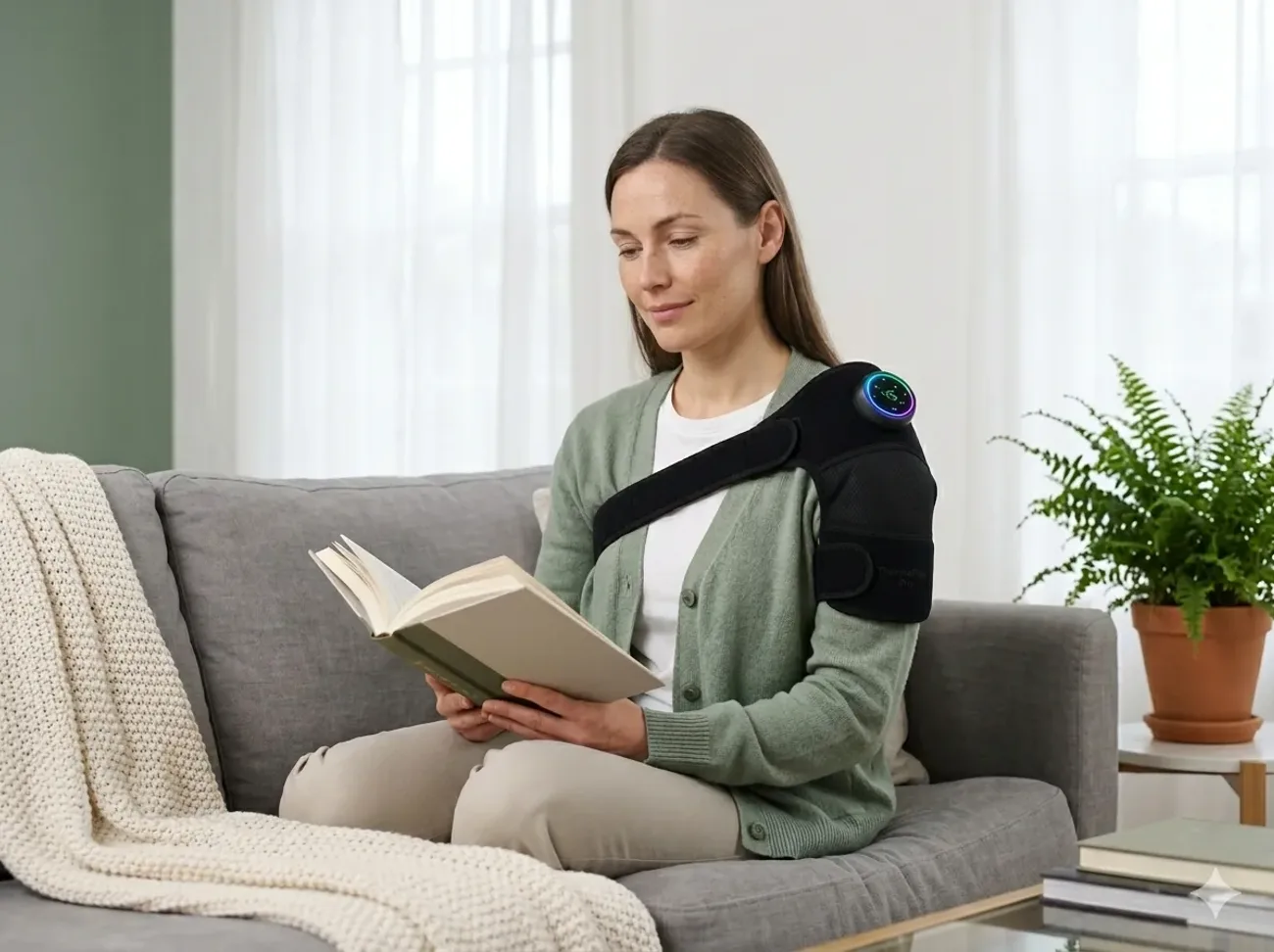 Woman reading on sofa using ThermaFlex Pro on shoulder